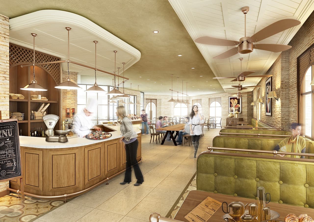 The warm interior of a restaurant bar in the evening
